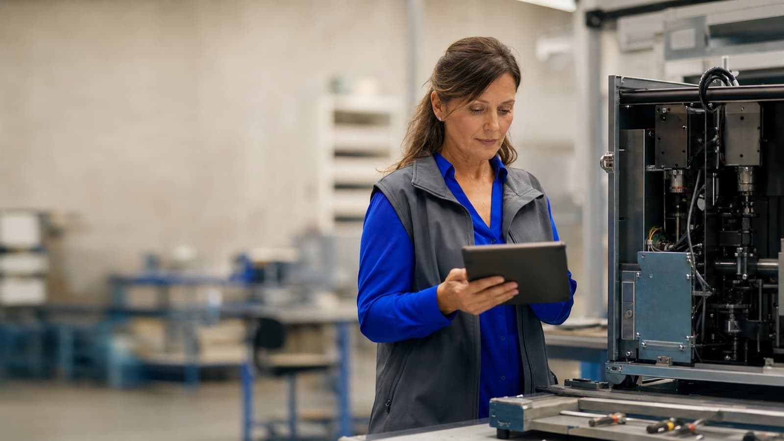 Ingenieurin prüft die Konformität einer Anlage mit dem Tablet