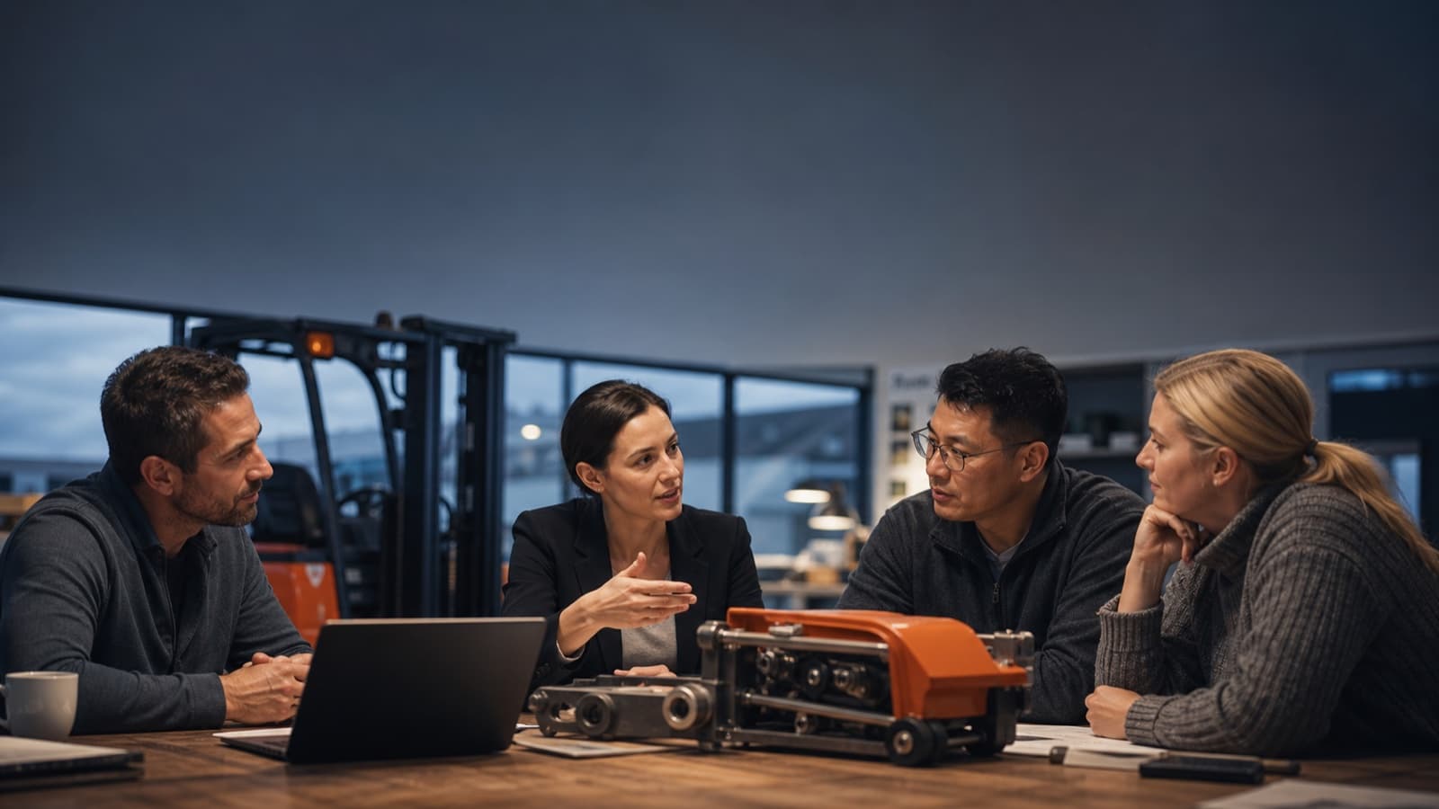 Konstruktionsbesprechung im Maschinenbau mit Bauteil auf dem Tisch